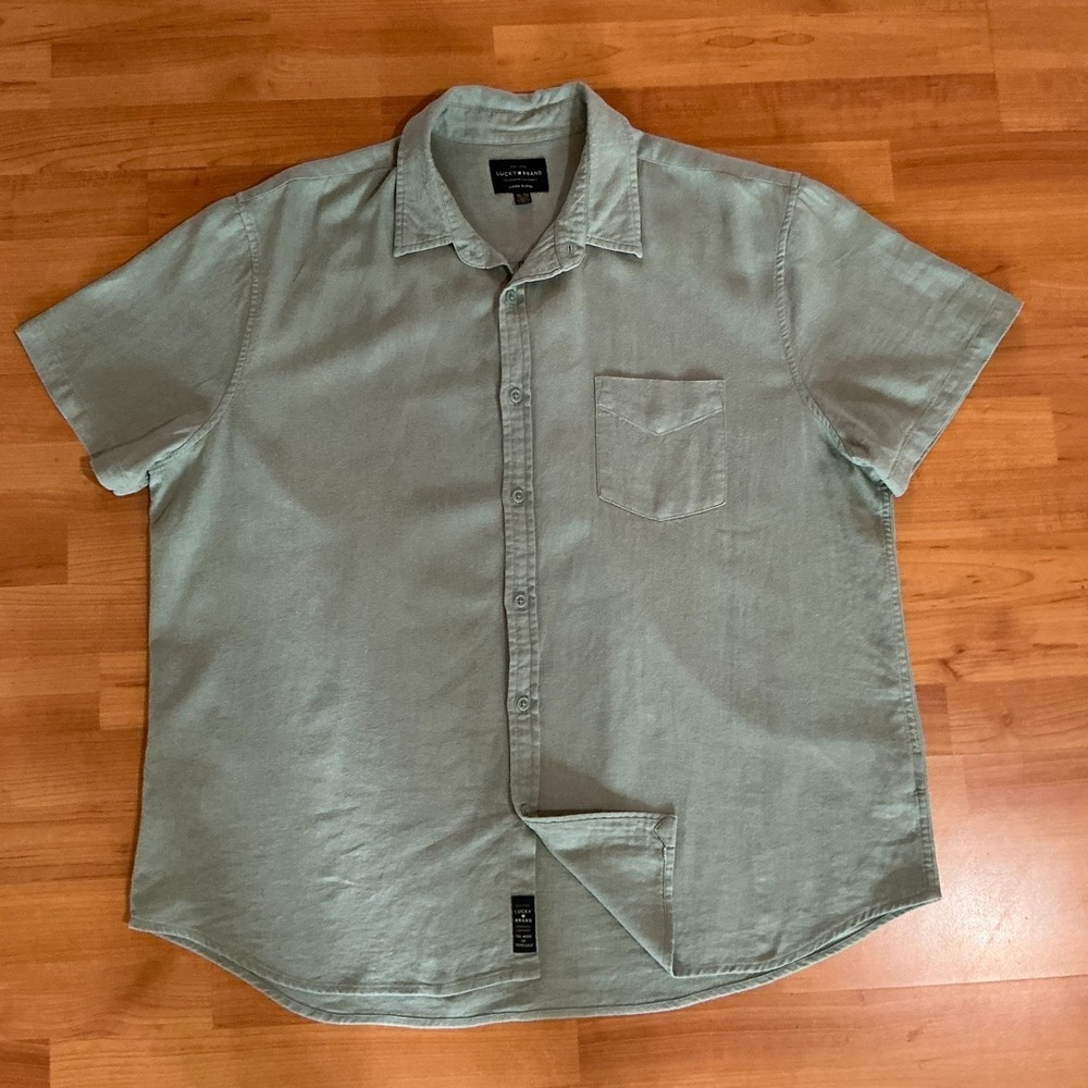 Lucky Brand Linen Blend Green Short Sleeve Button Down Shirt Mens XL Resort